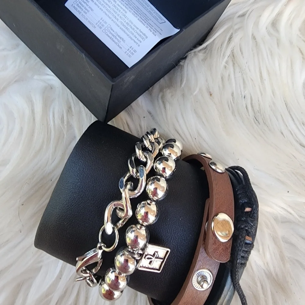 Men’s Bracelet Stack Set Black Brown Silver Stud Leather Chain $85